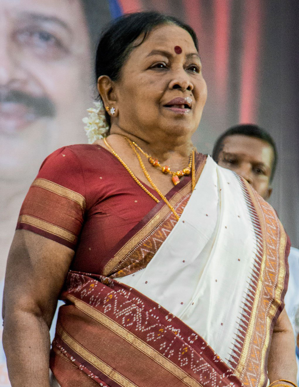 Droupadi Murmu, the fifteenth President of India, is pictured wearing a sari.