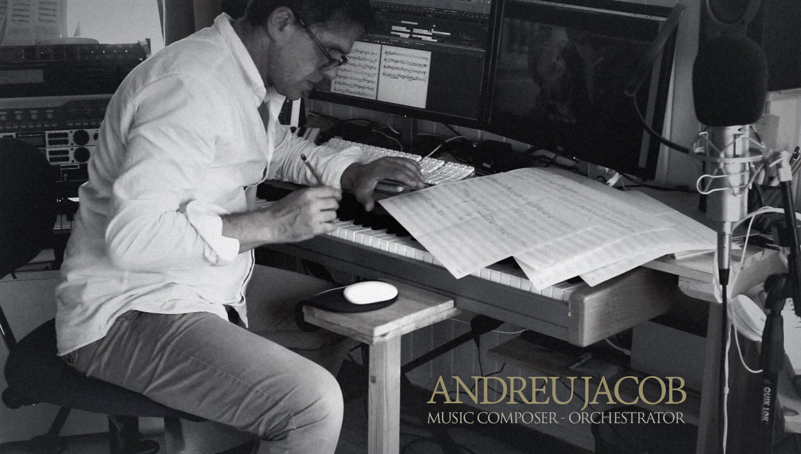 A music composer works on sheet music in a recording studio, showcasing the art of rhythm in indian cinema.