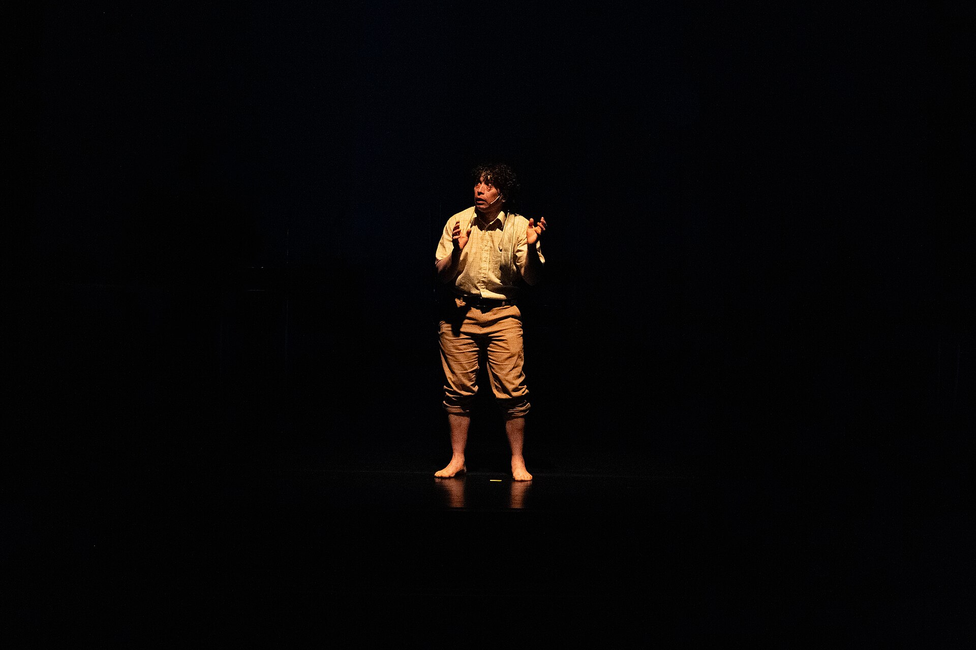 A performer stands barefoot on stage in a spotlight, showcasing the nuances of performing arts.